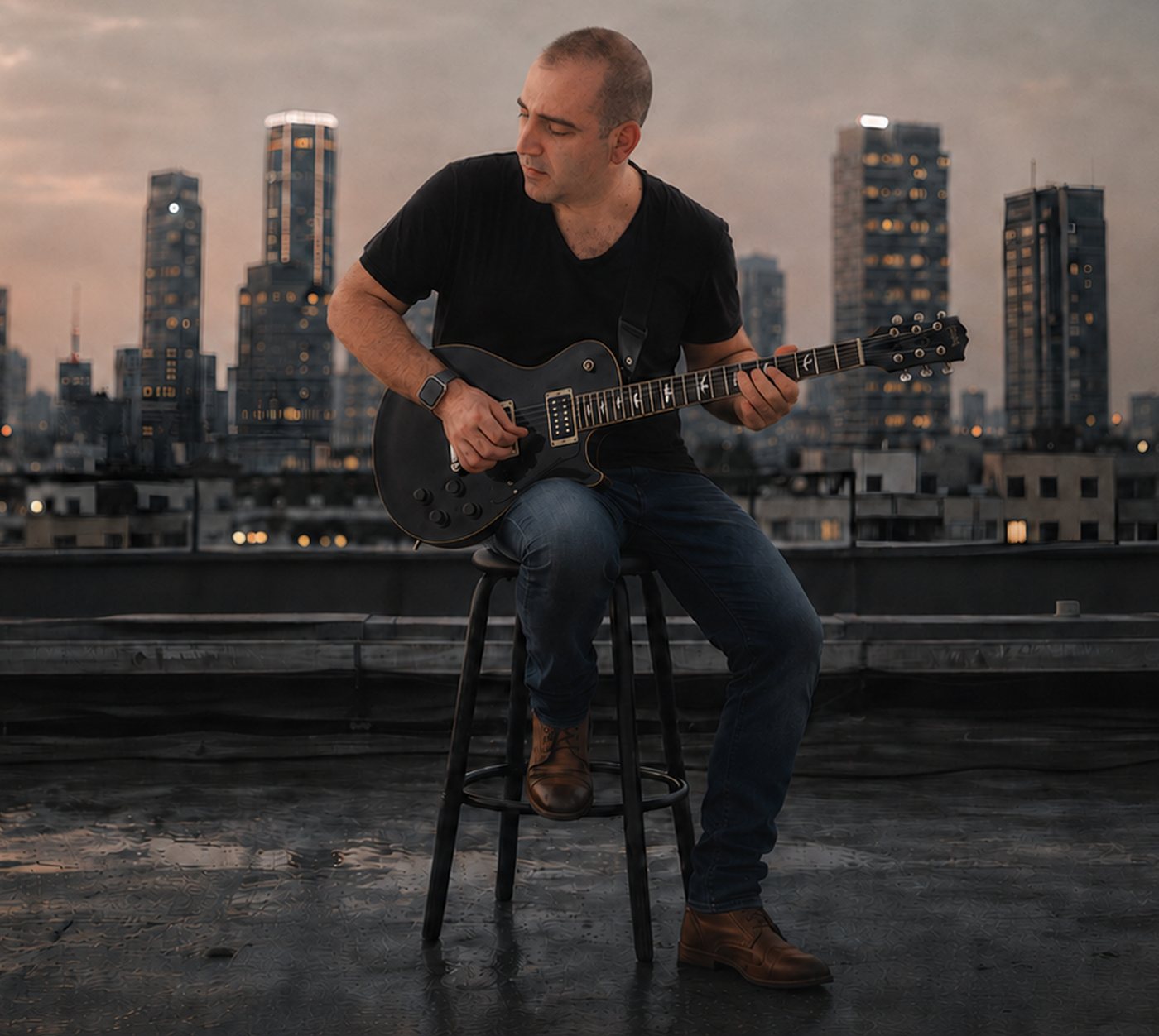 Eyal Har-Noy playing a black electric guitar against the Tel Aviv skyline at dusk