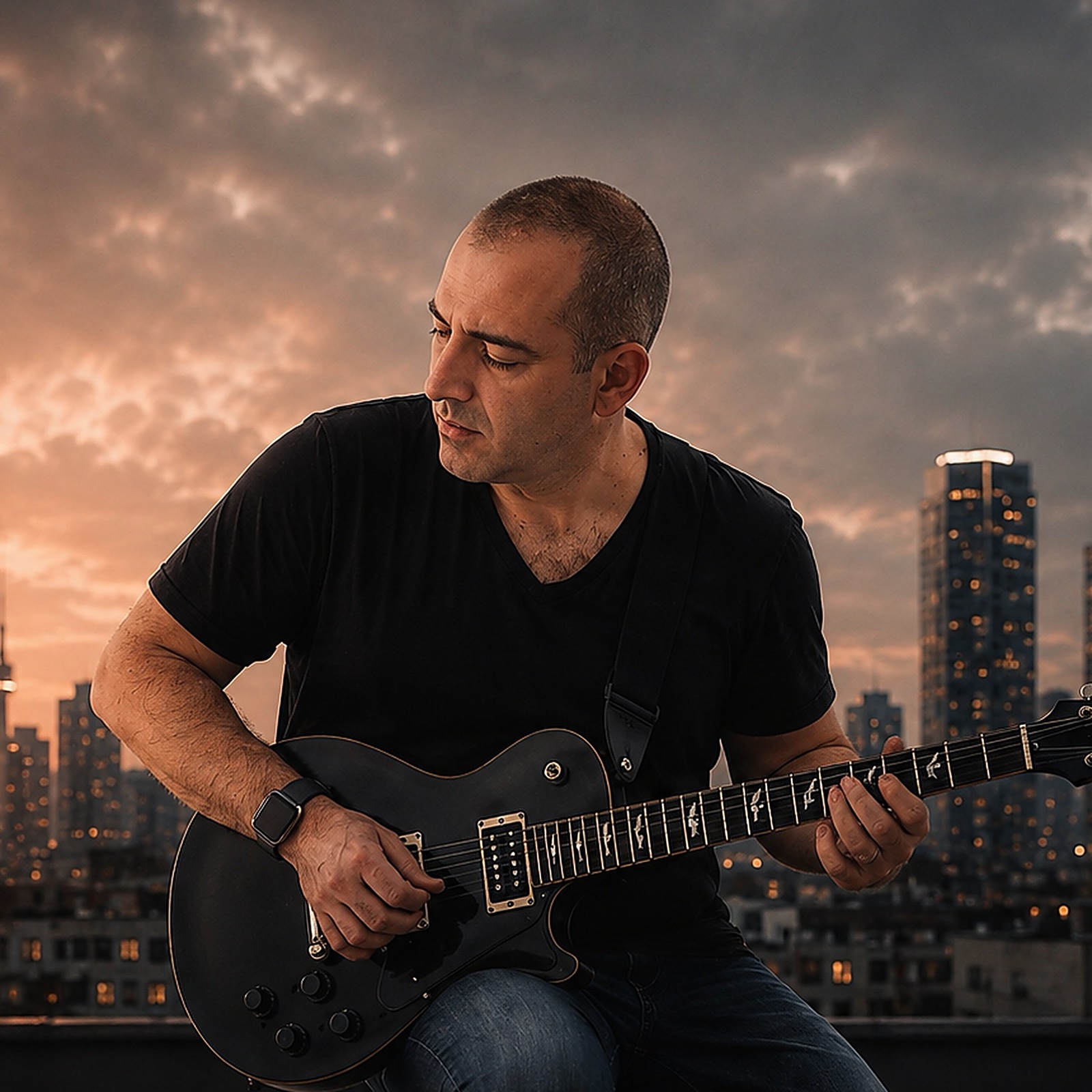 Eyal Har-Noy playing a black electric guitar against the Tel Aviv skyline at dusk